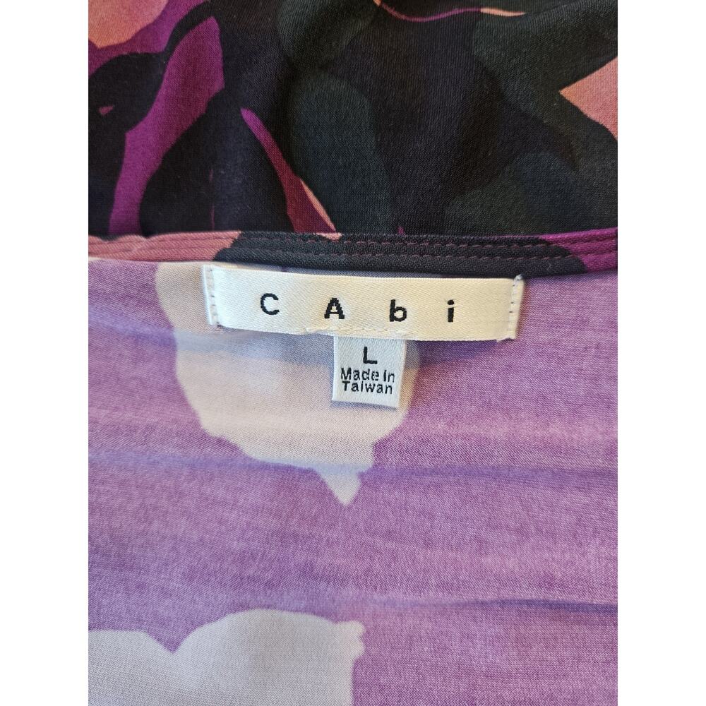 Cabi Dress LG Purple Black Floral Print Faux Wrap Midi Stretch 3/4 Sleeve V-Neck - Picture 8 of 10